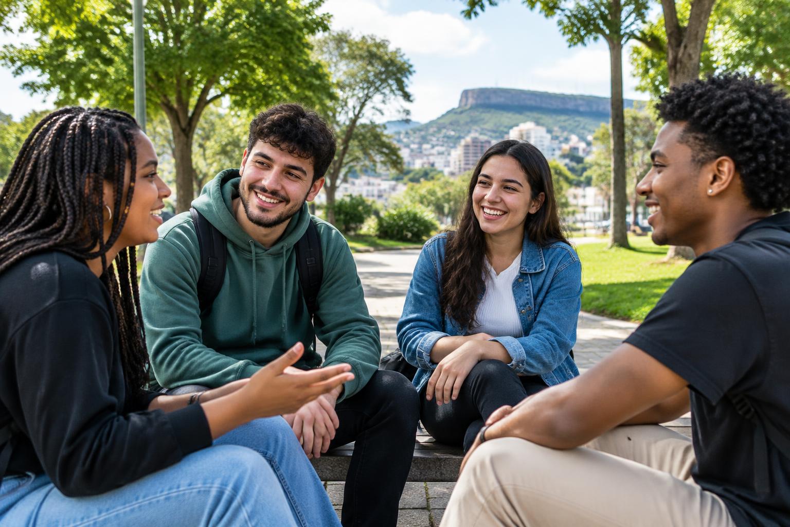 Cena ilustrativa de uma conversa entre amigos em espaço público